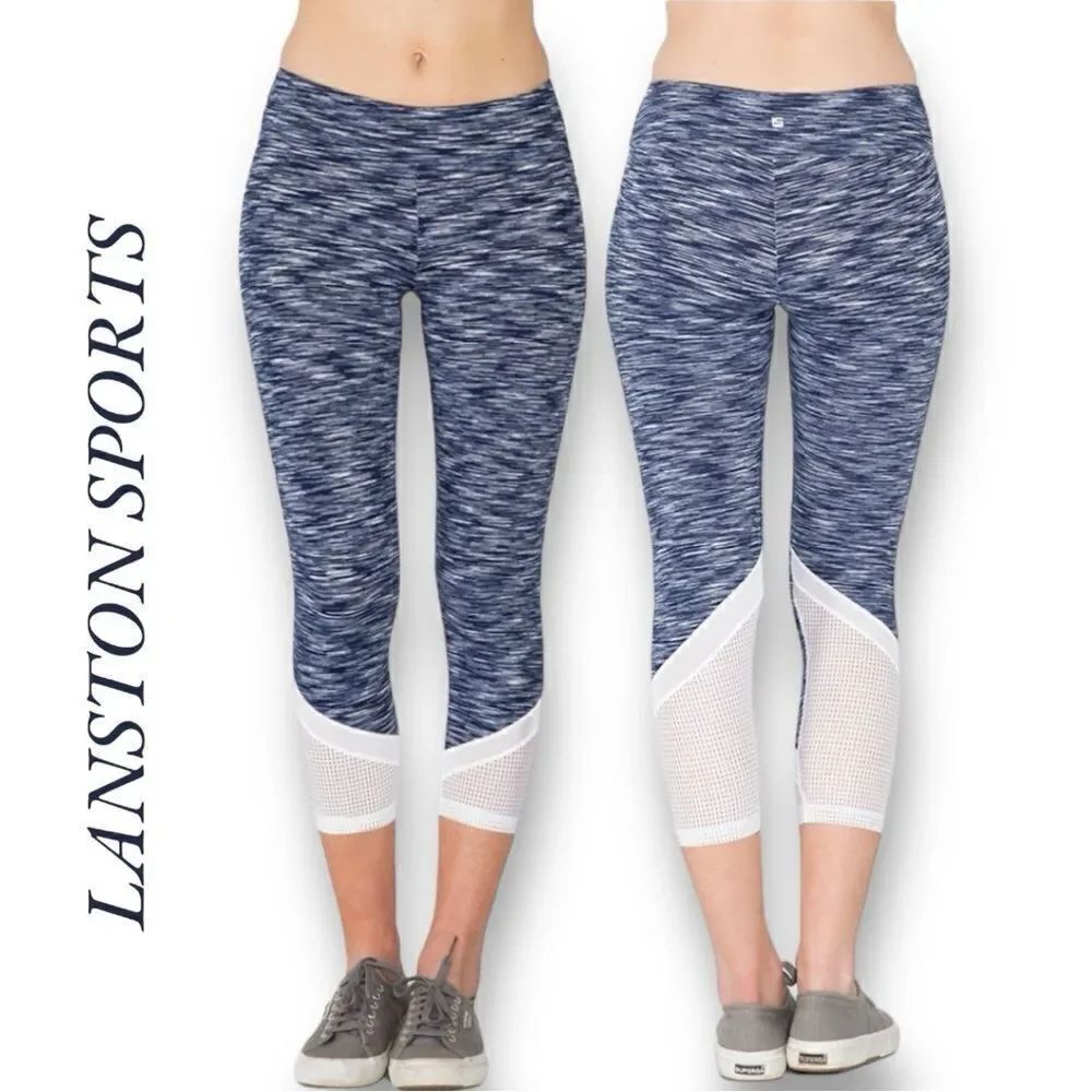 LANSTON Sports Women’s Mesh Bottom Cropped Leggings in the Size Large in Navy